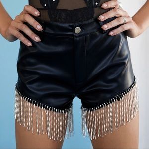 Black leather fringe rhinestone shorts from 12th Tribe